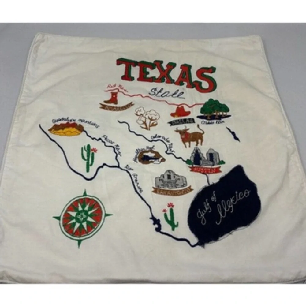 Texas State Map Pillow‎ Cover Embroidered Alamo Pecos River Boot Western